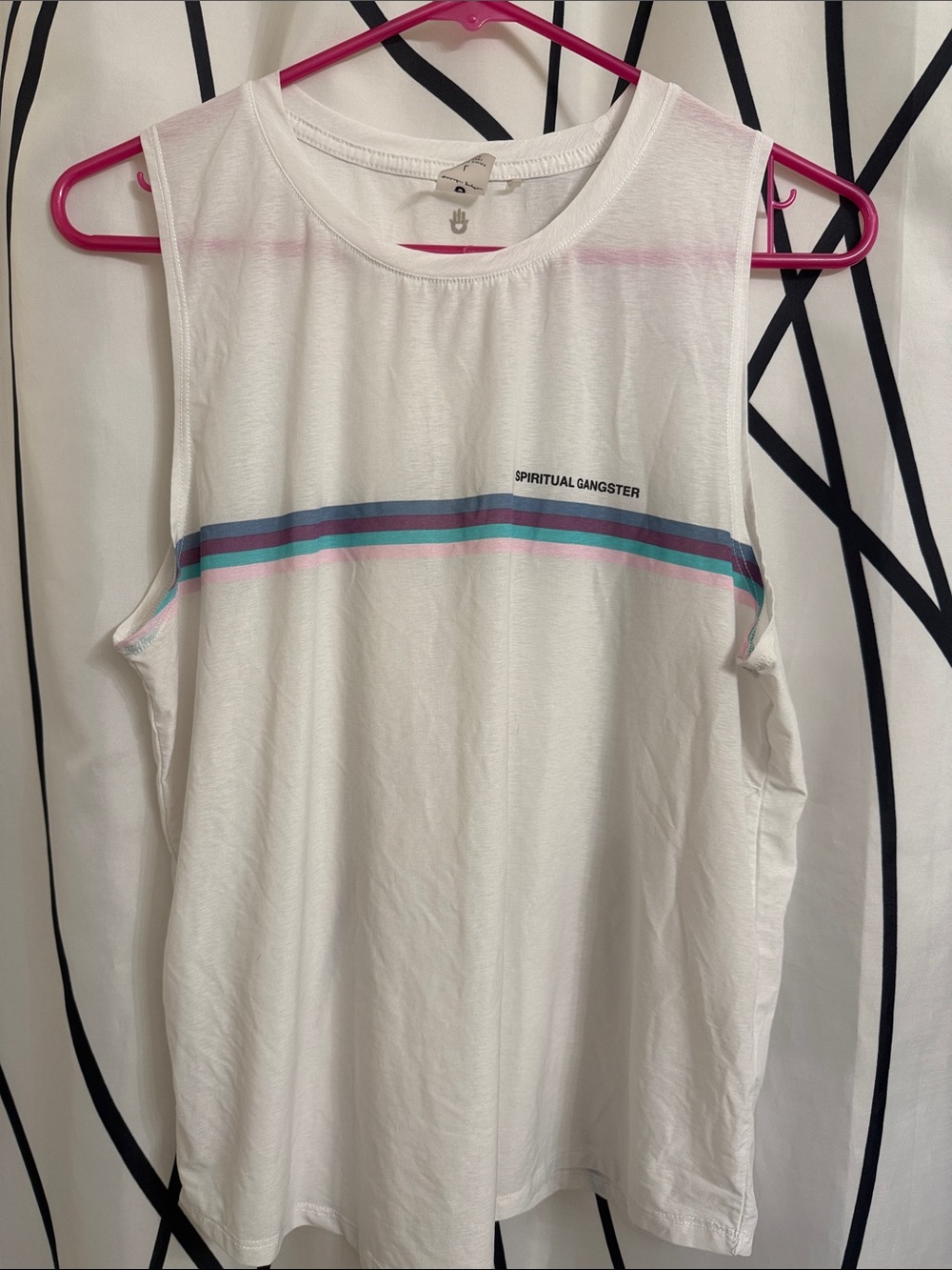 NWOT Spiritual Gangster White Tank wPink Teal and Navy Stripes - Large